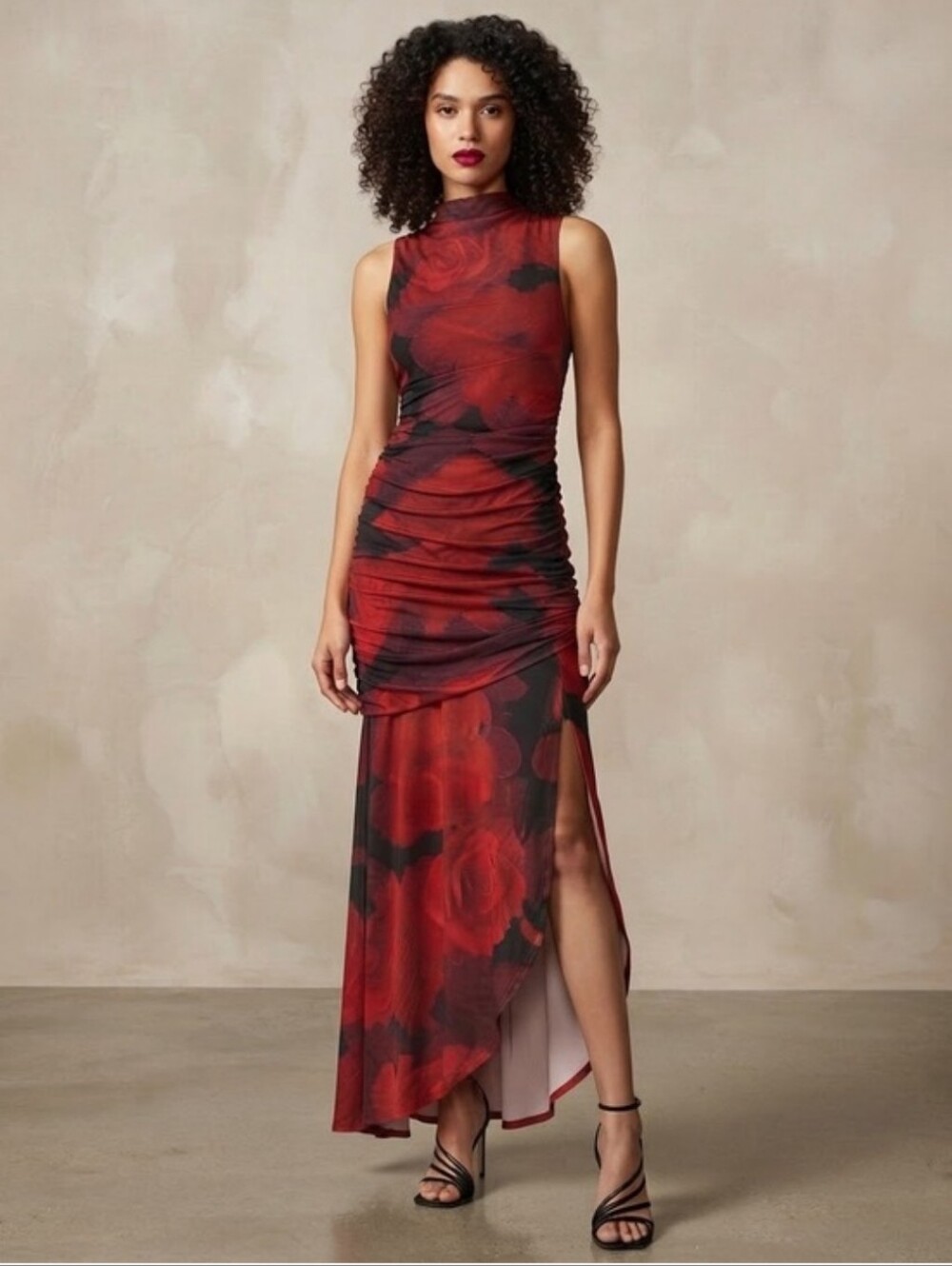 Sincerely Jules Ruched Mesh Mock Neck Maxi Dress
